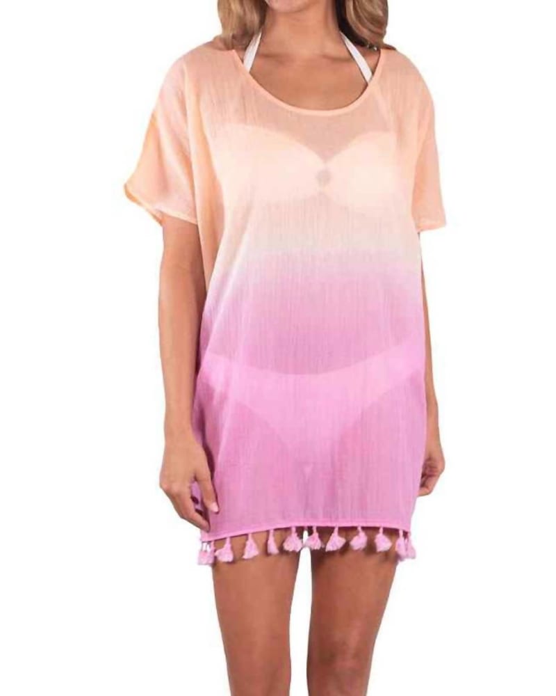 Front of a model wearing a size L/XL Cover Up In Ombre Fringe in Ombre Fringe by Simply Southern. | dia_product_style_image_id:350212